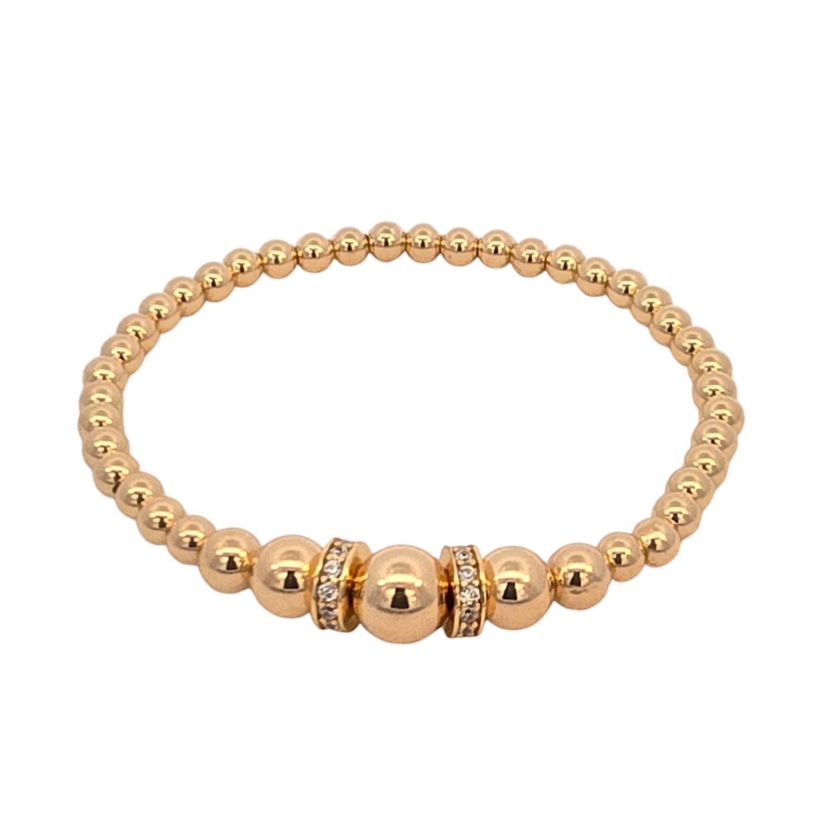 Adjustable Gold Filled Beaded Bracelet with Round CZ Pendant - Stretch Stacking Bracelet for Women