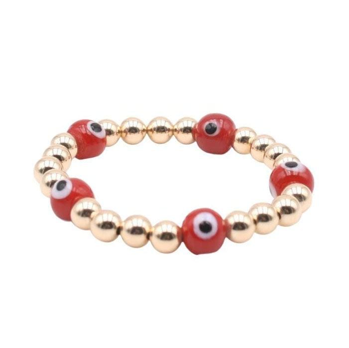 14kt Gold Filled Beaded Evil Eye Bracelet - Non-Tarnish Stretch Bracelet for Good Luck