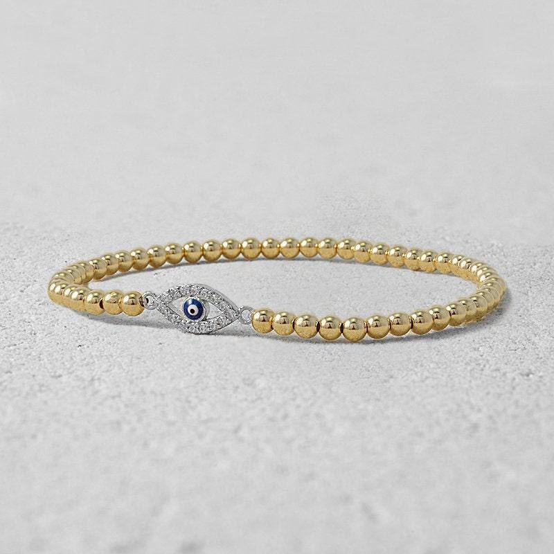 Good Luck Evil Eye Bead Bracelet - 14K Gold-Filled and Sterling Silver with CZ Tarnish-Proof and Waterproof