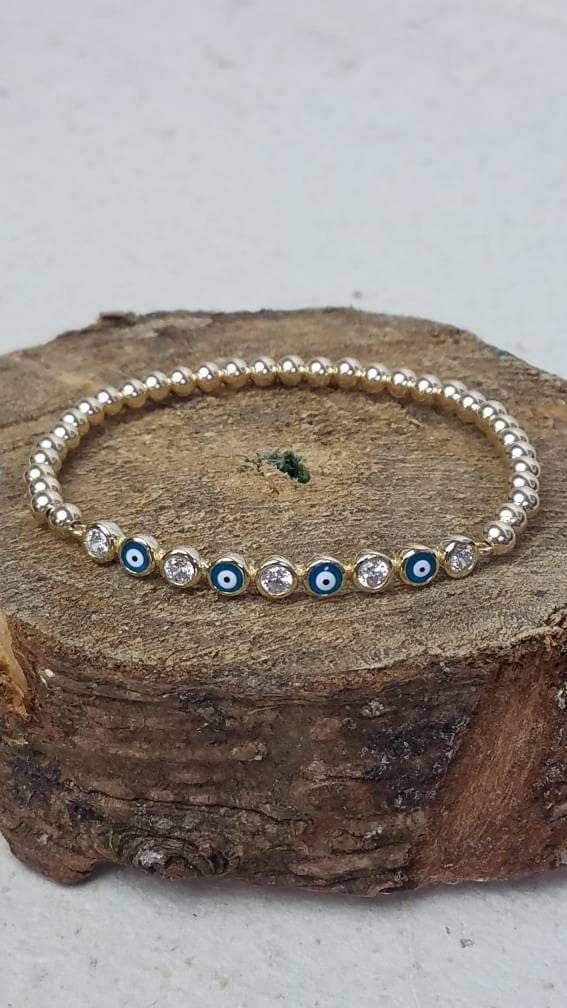 Stackable Gold Filled Evil Eye Bracelet (Tarnish-Free, Stretch Fit)