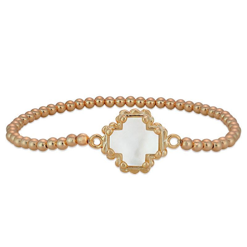 Gold Filled Beaded Cross Bracelet: Mother of Pearl Pendant