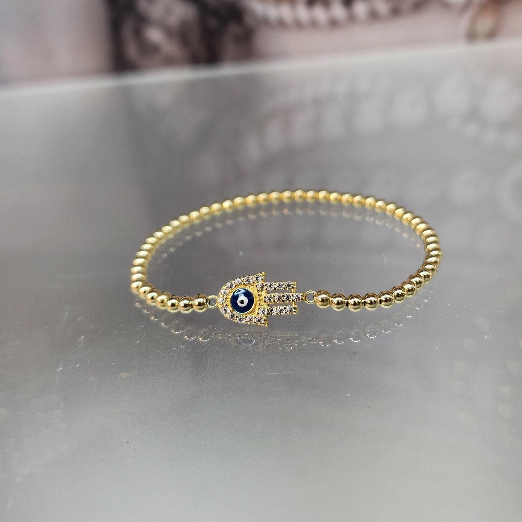Good Luck Evil Eye Protection Bracelet - Spiritual Hamsa Gold Filled Hand Beaded - Stackable Hand Pendant Bracelet