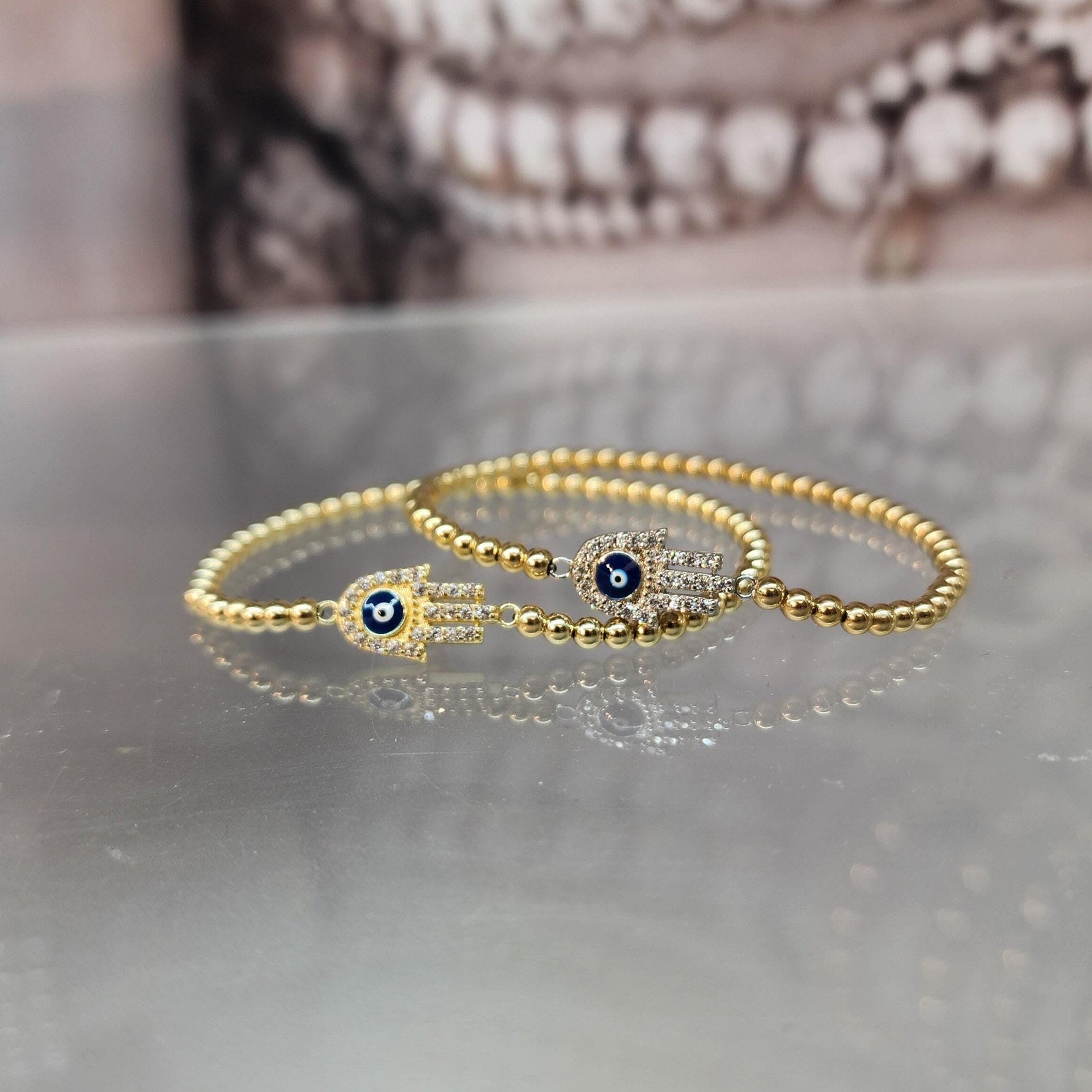 Good Luck Evil Eye Protection Bracelet - Spiritual Hamsa Gold Filled Hand Beaded - Stackable Hand Pendant Bracelet