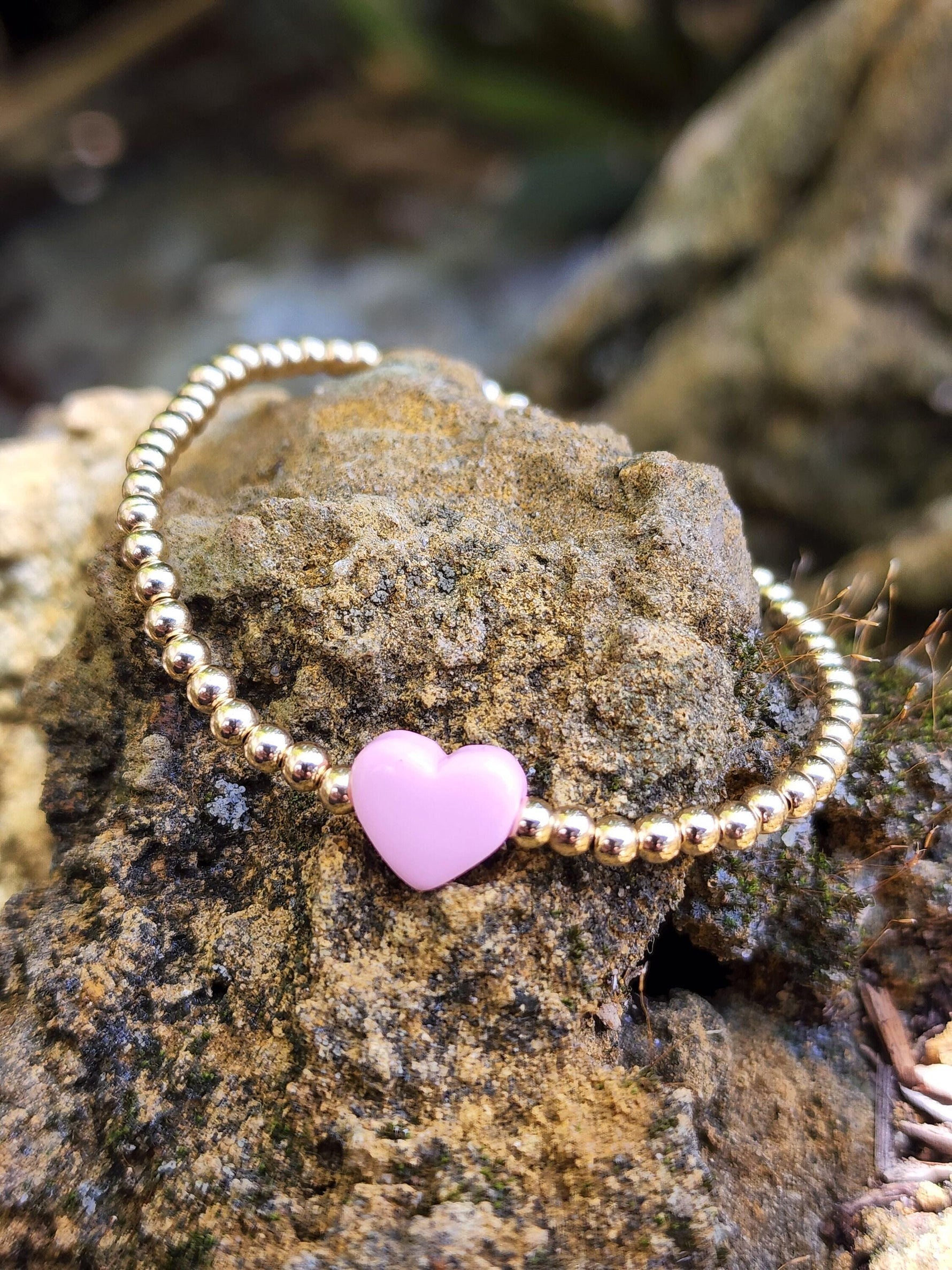 Gold Filled Heart Pendant Bracelet Tarnish-Free Stretch Bracelet Heart Charm Jewelry