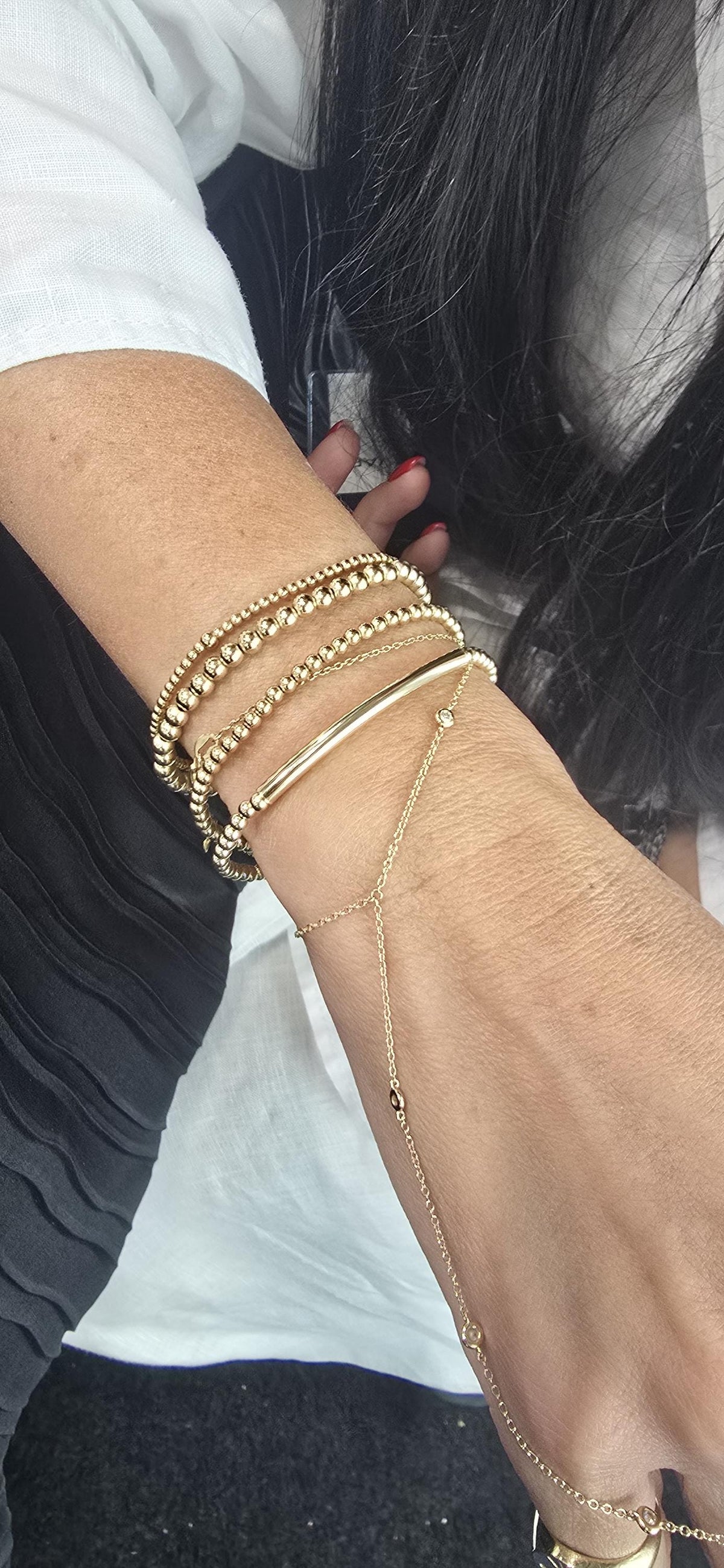 Beaded Stretch Bracelet: Gold Filled Beads with Tube Pendant- Stackable, Waterproof