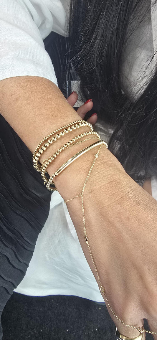 Beaded Stretch Bracelet: Gold Filled Beads with Tube Pendant- Stackable, Waterproof