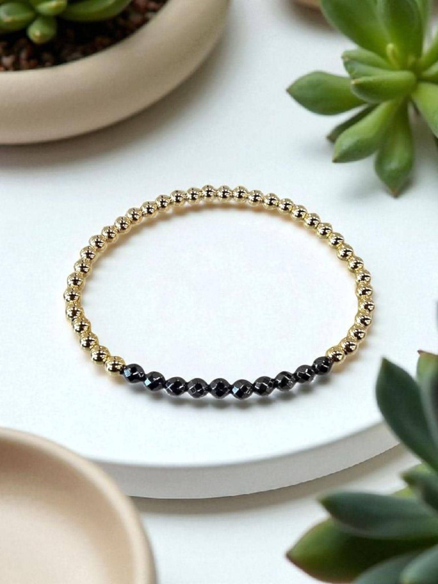 Dainty 14kt Gold Filled Bracelet - Black Hematite Beads, Stretch Fit