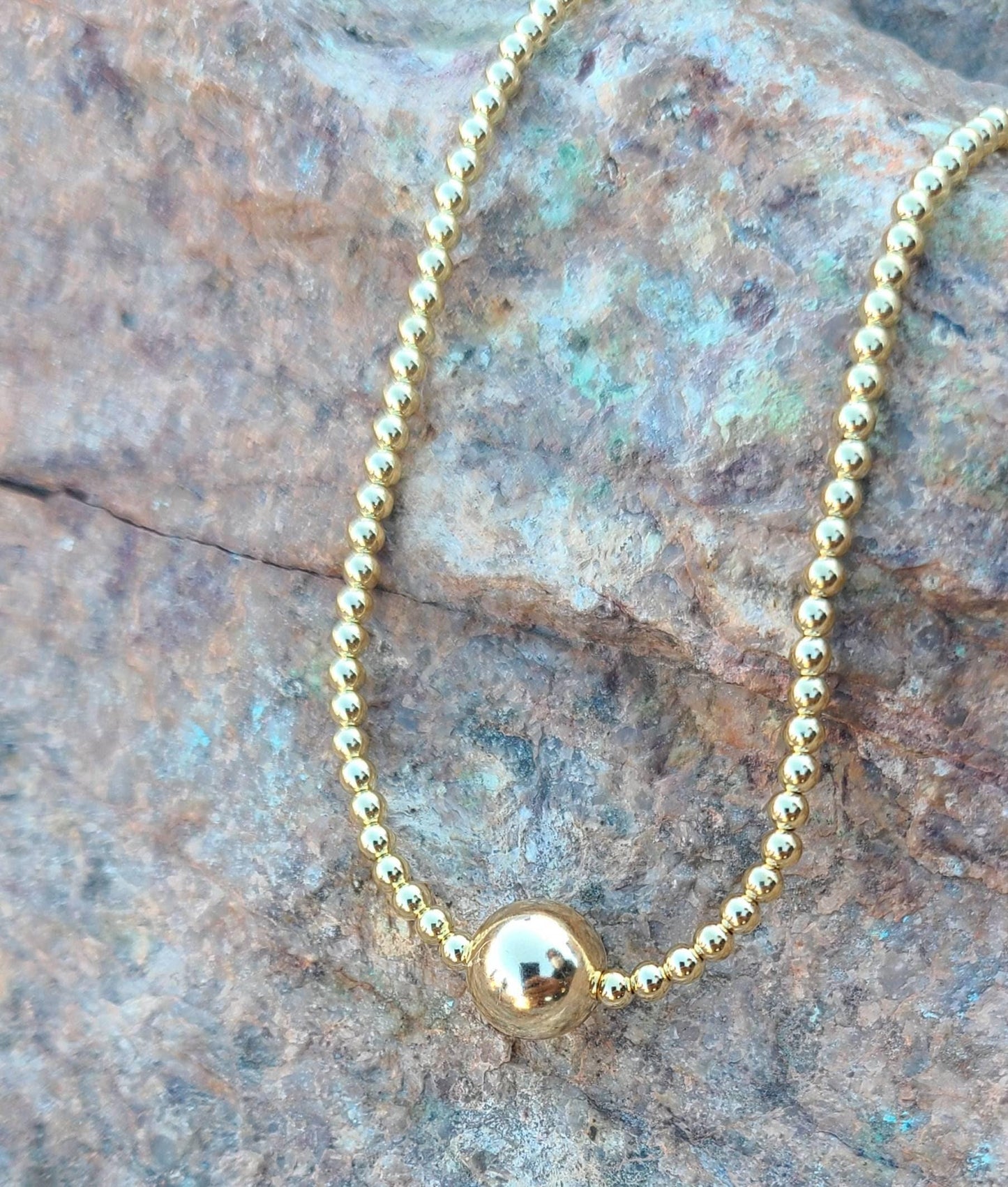 Boho 14kt Gold Filled Necklace with 10mm Gold Filled Bead Centerpiece - Tarnish Free Jewelry