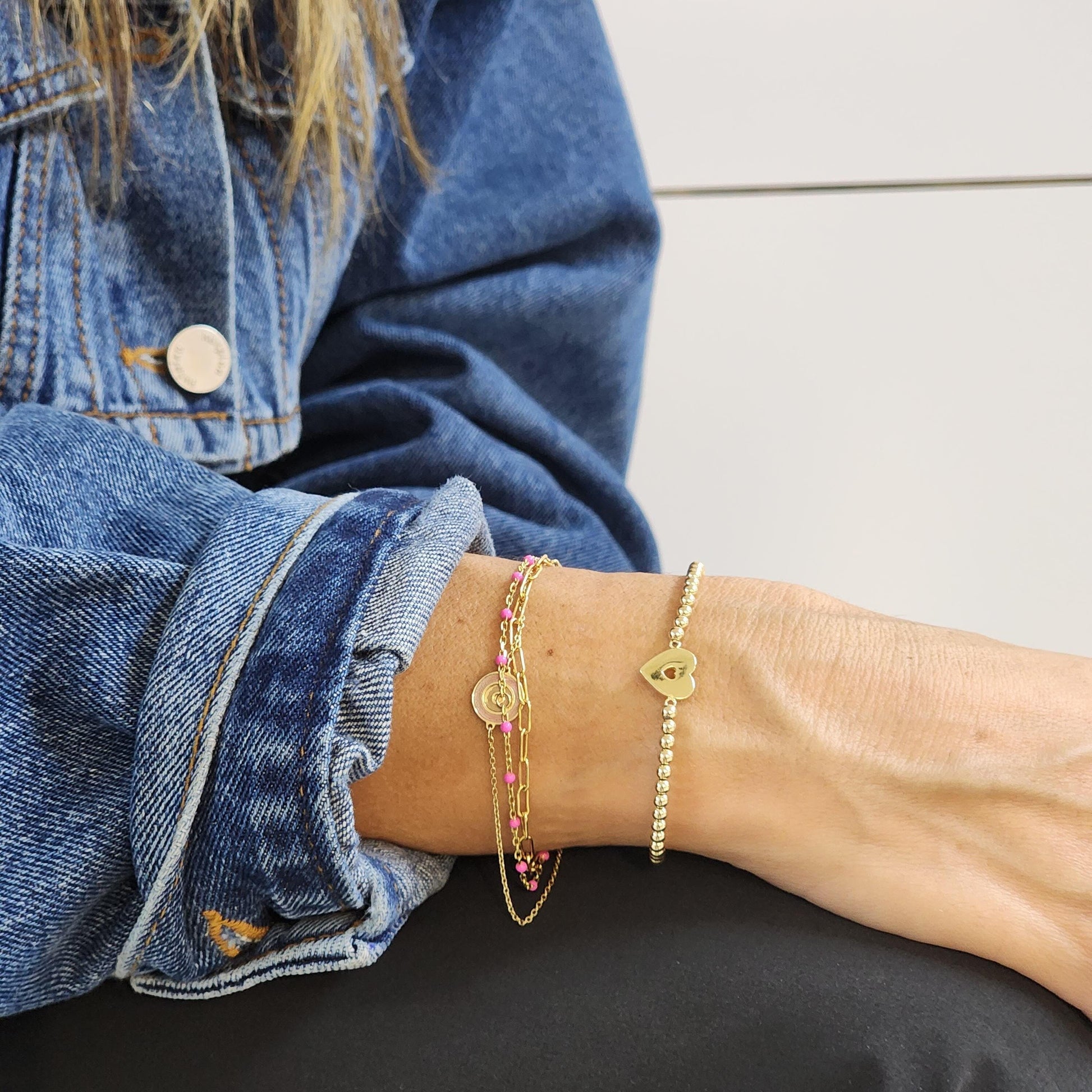Gold Filled Love Heart Stretch Bracelet for Women - Stacking Beaded Bracelet