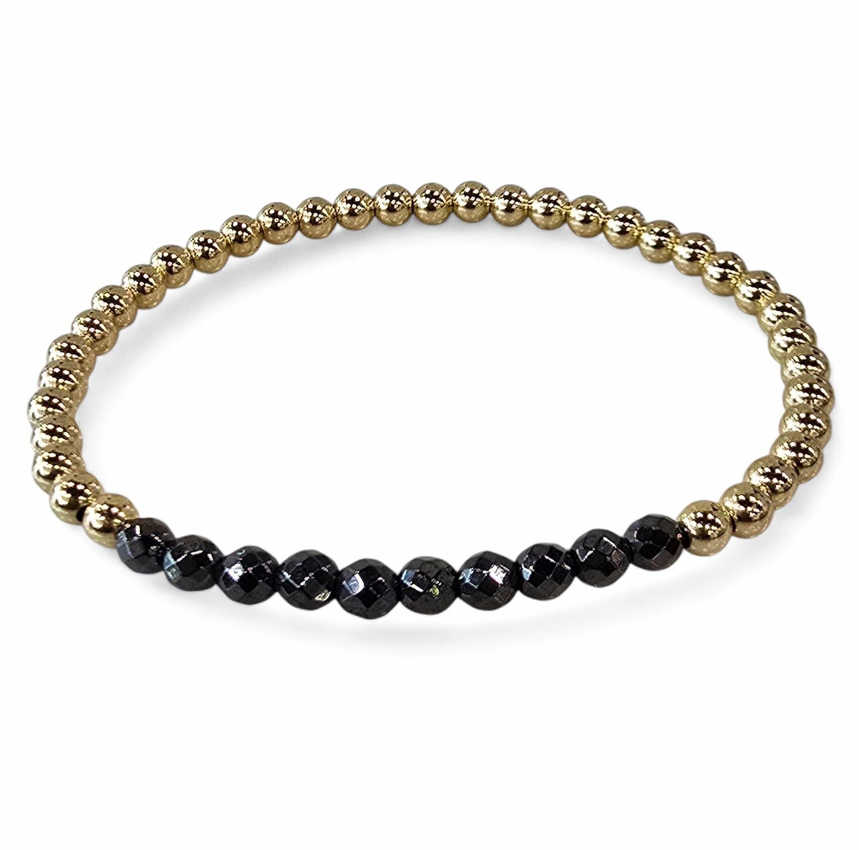 Dainty 14kt Gold Filled Bracelet - Black Hematite Beads, Stretch Fit