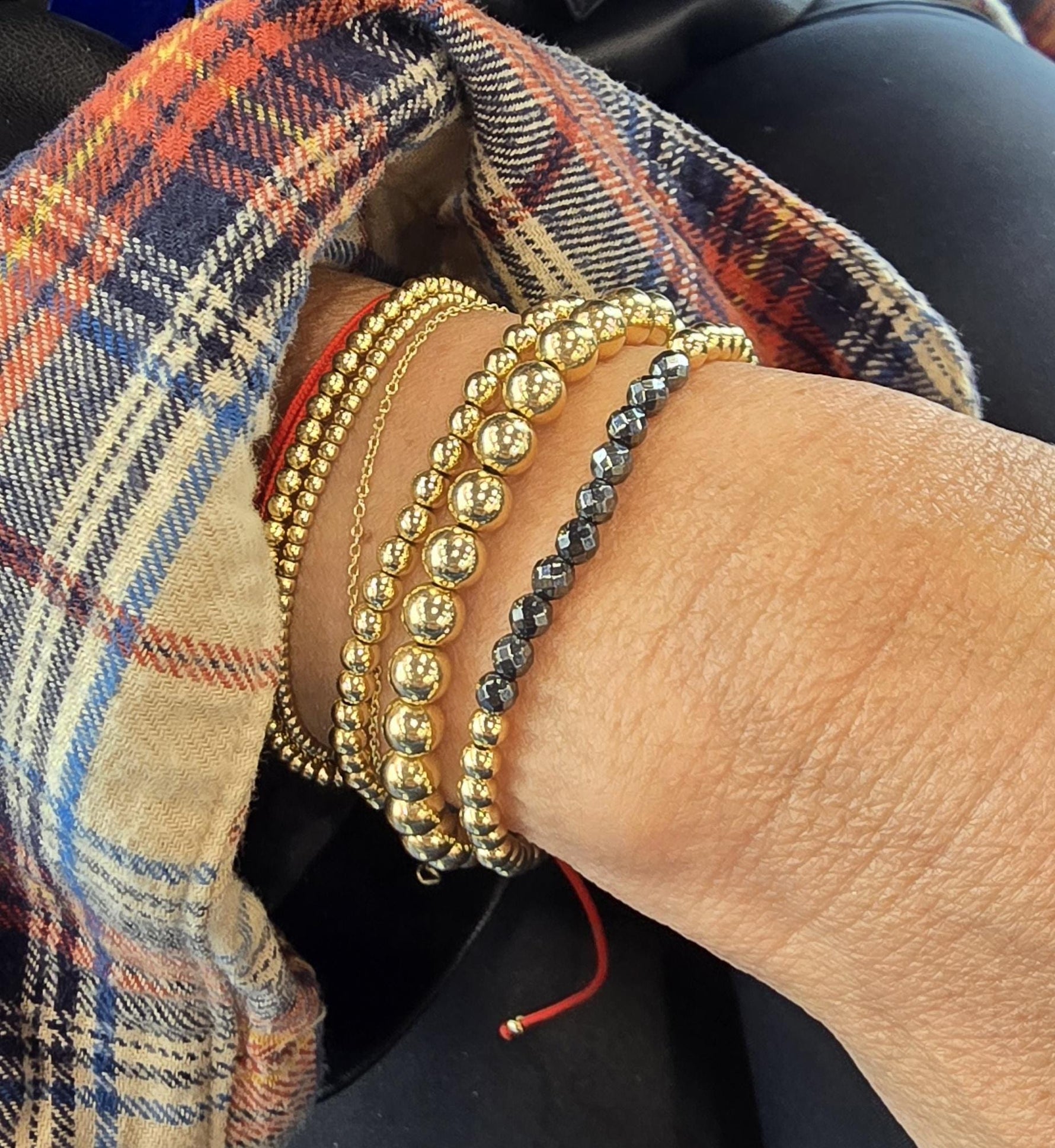 Dainty 14kt Gold Filled Bracelet - Black Hematite Beads, Stretch Fit