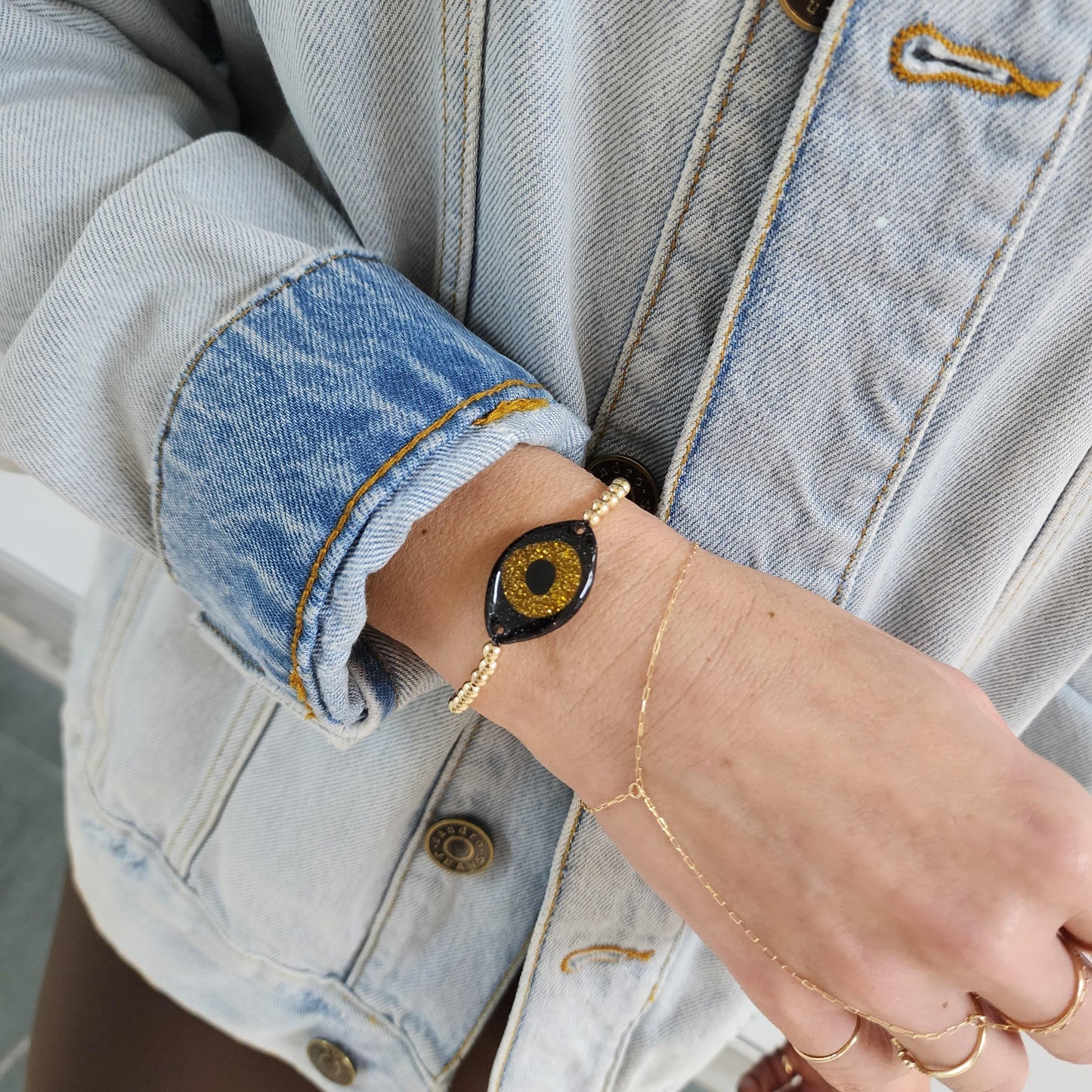 Evil Eye Protection Bracelet - Spiritual Good Luck Charm with Gold Filled Beads - Stretch Stackable Bracelet