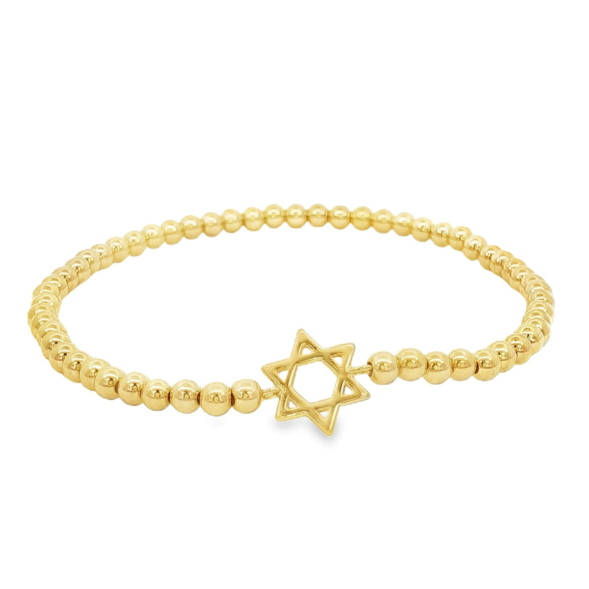 A gold-colored beaded bracelet with a Star of David charm.