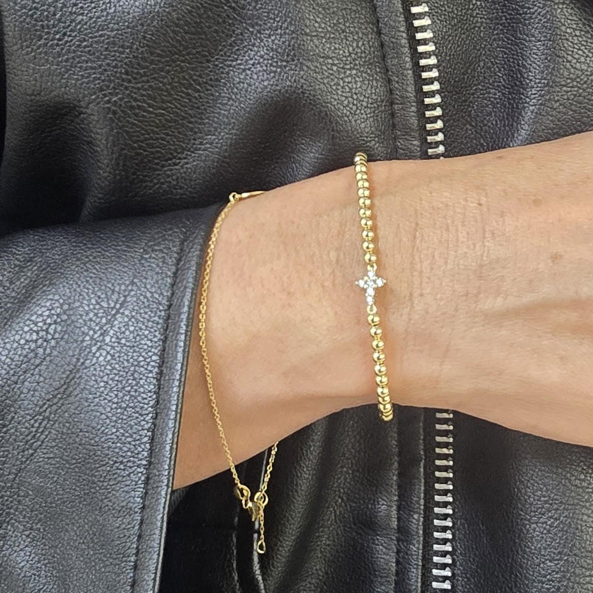 Gold Filled Cross Stretch Bracelet, Beaded with CZ Accent (Tarnish Resistant)