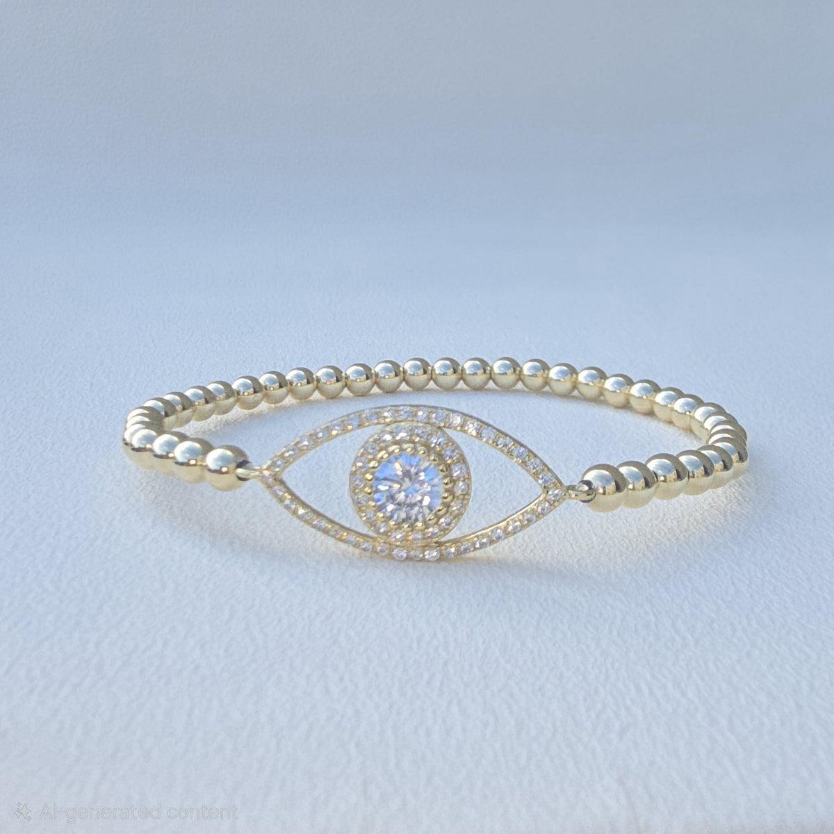 Gold Filled Bracelet: Beaded Stretch with CZ Eye Pendant - Tarnish Free Jewelry