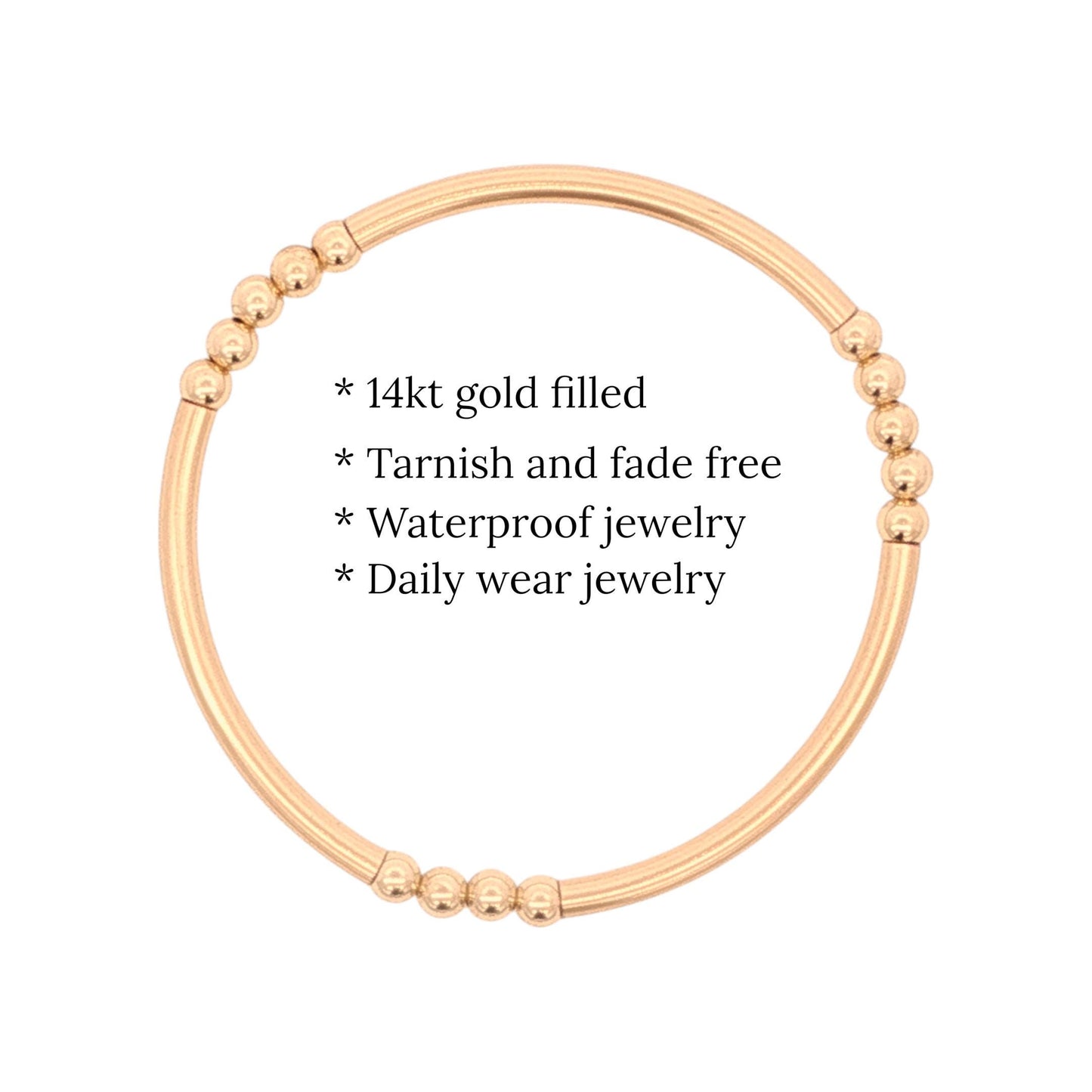 a gold-filled bracelet with a textured design, described as waterproof and daily wear jewelry.