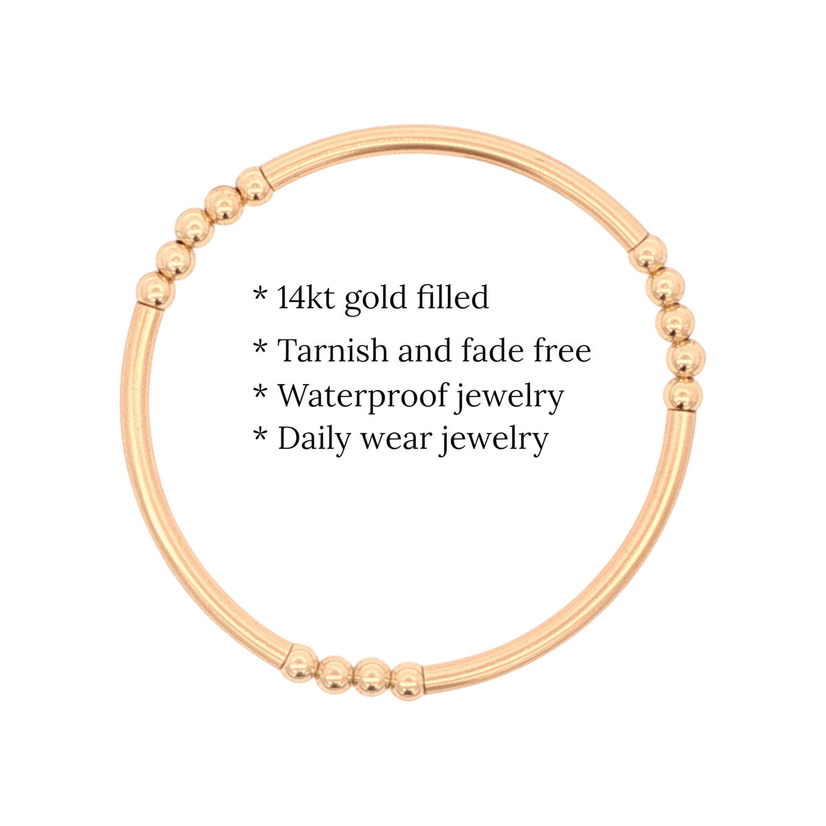 a gold-filled bracelet with a textured design, described as waterproof and daily wear jewelry.