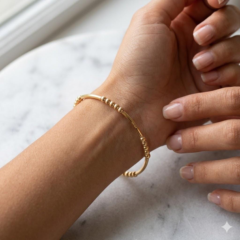 Beaded Stretch Bracelet: 14kt Gold Filled Beads with Tube Pendant- Tarnish Free, Waterproof