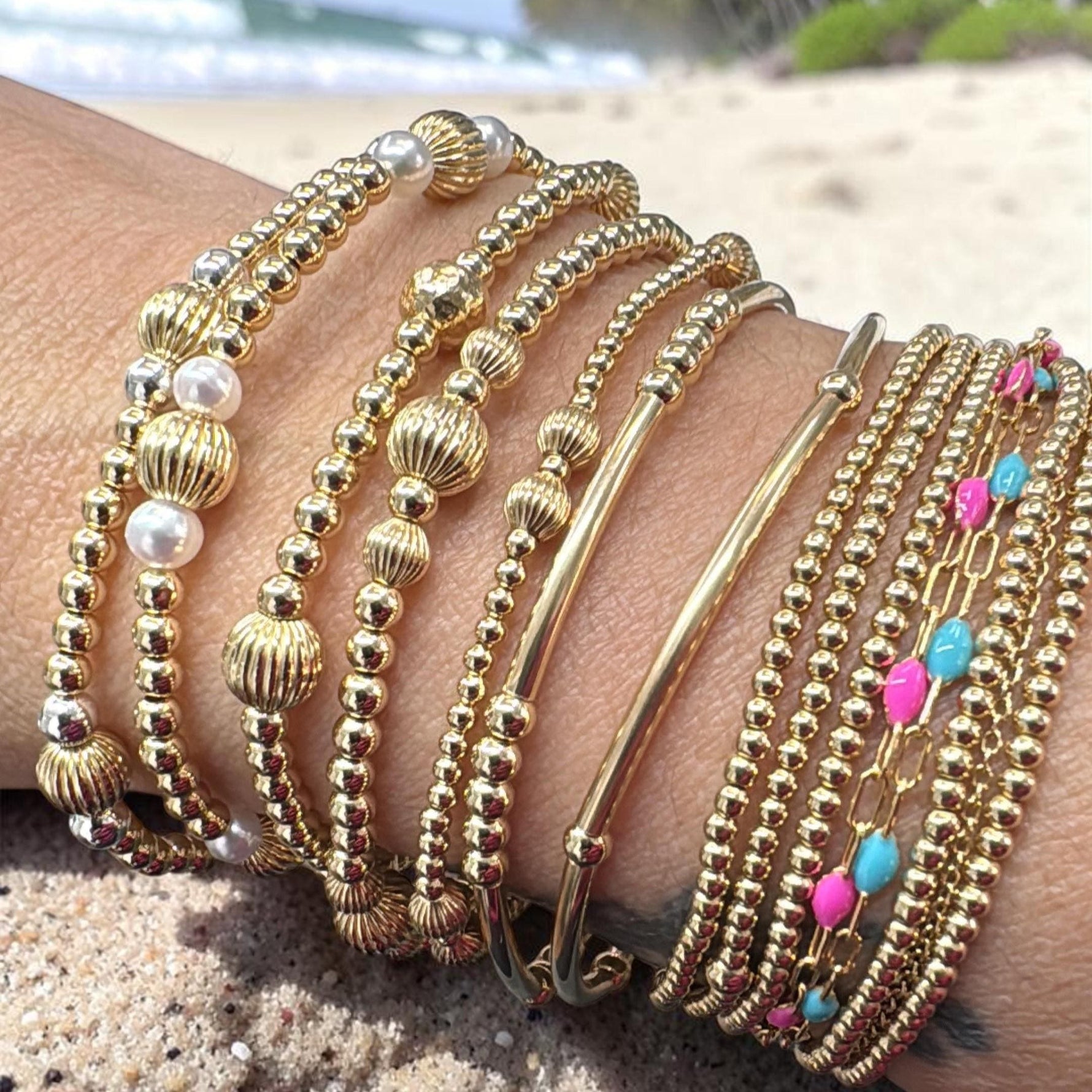 14kt Gold Filled Bracelet with Mix Bead Styles - Tarnish Free, Waterproof