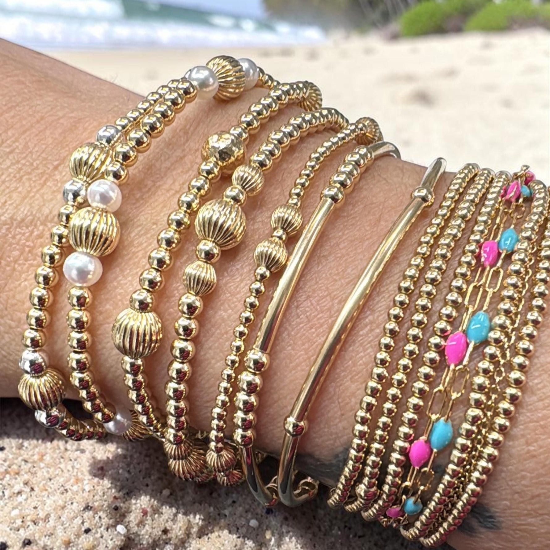 Beaded Stretch Bracelet: Gold Filled Beads with Tube Pendant- Tarnish Free, Waterproof