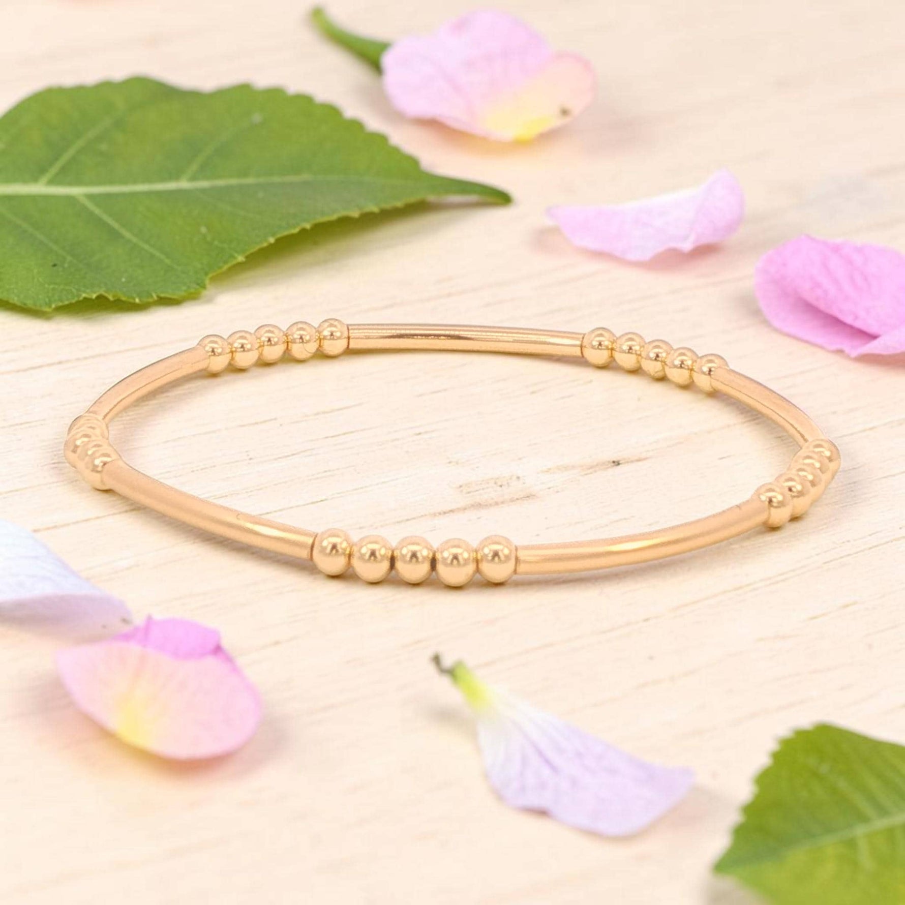 Beaded Stretch Bracelet: 14kt Gold Filled Beads with Tube Pendant- Tarnish Free, Waterproof