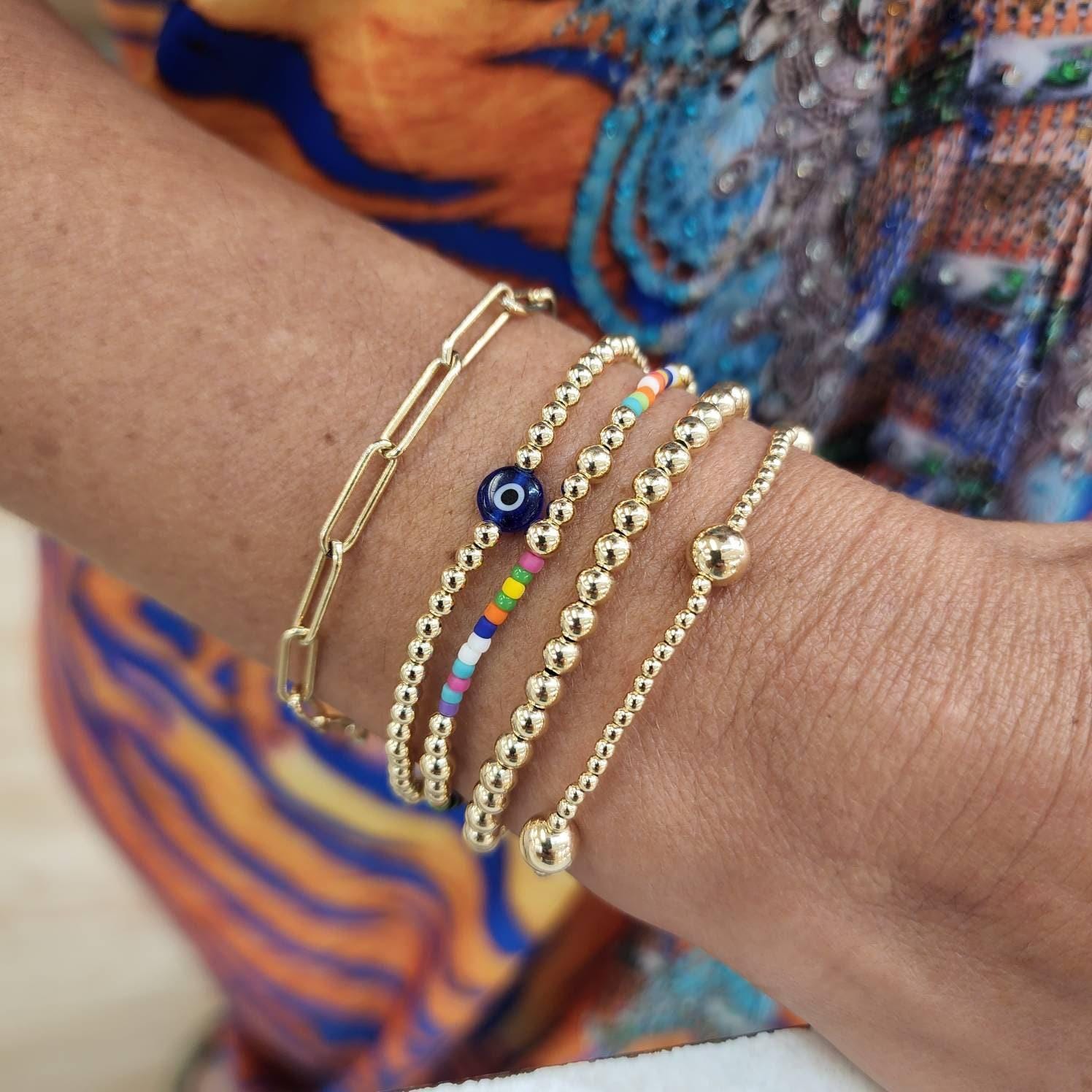 Gold Filled Evil Eye Bracelet, Stretch Beads (Adjustable Fit)