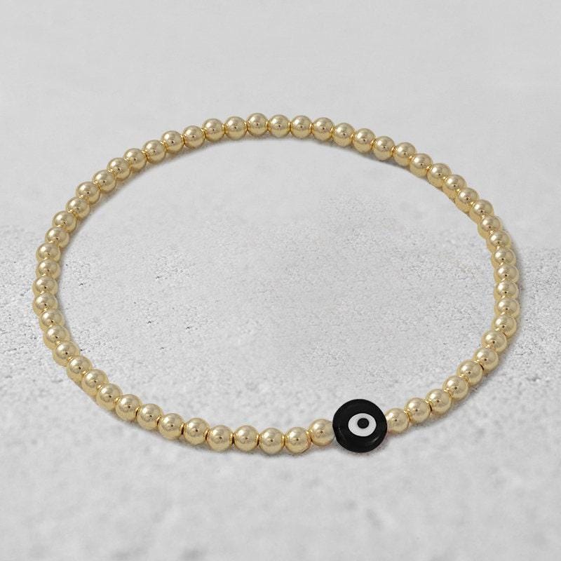 Gold Filled Evil Eye Bracelet, Stretch Beads (Adjustable Fit)
