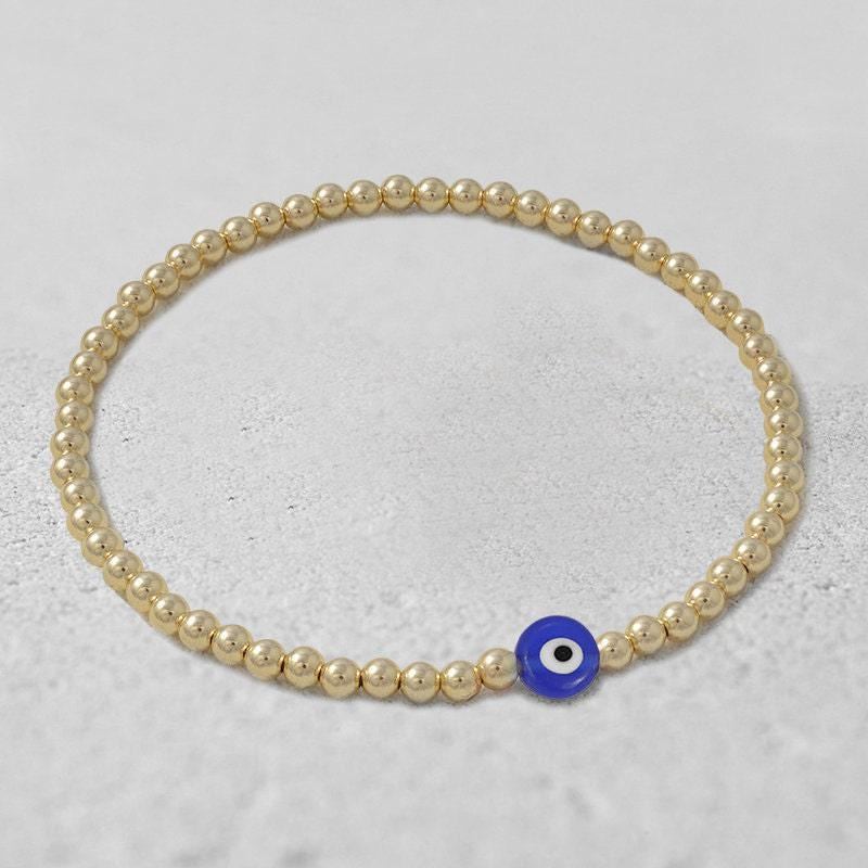 Gold Filled Evil Eye Bracelet, Stretch Beads (Adjustable Fit)