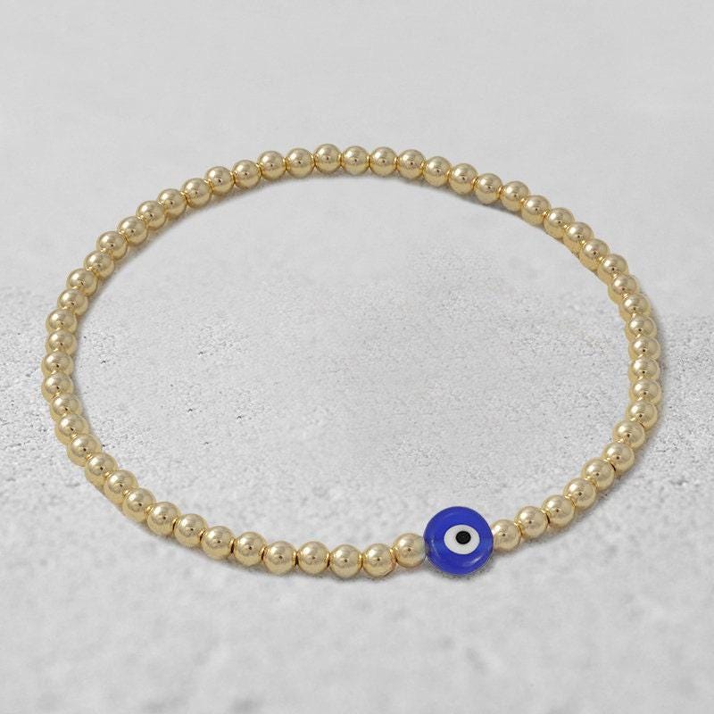Gold Filled Evil Eye Bracelet, Stretch Beads (Adjustable Fit)
