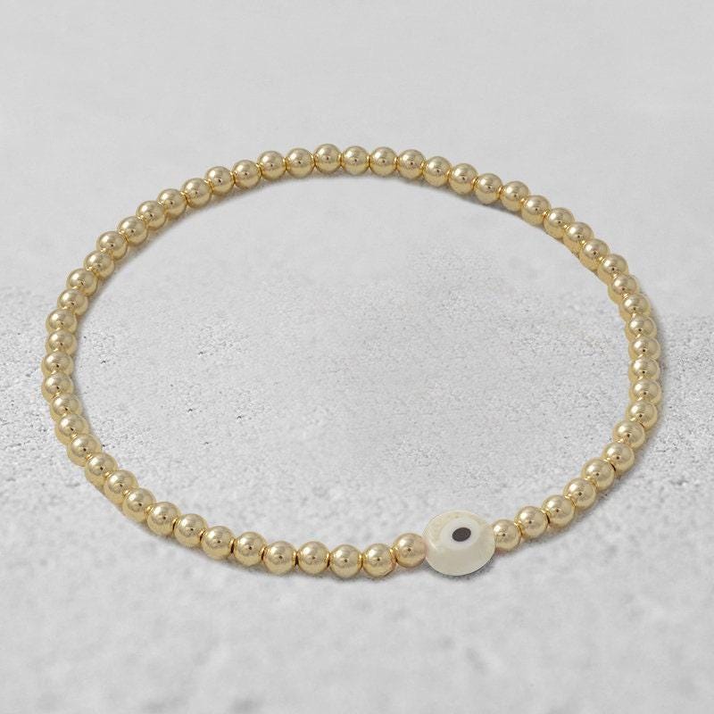Gold Filled Evil Eye Bracelet, Stretch Beads (Adjustable Fit)
