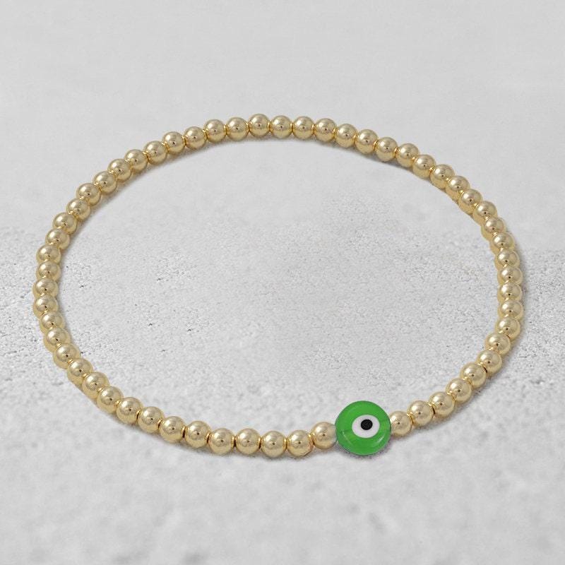 Gold Filled Evil Eye Bracelet, Stretch Beads (Adjustable Fit)