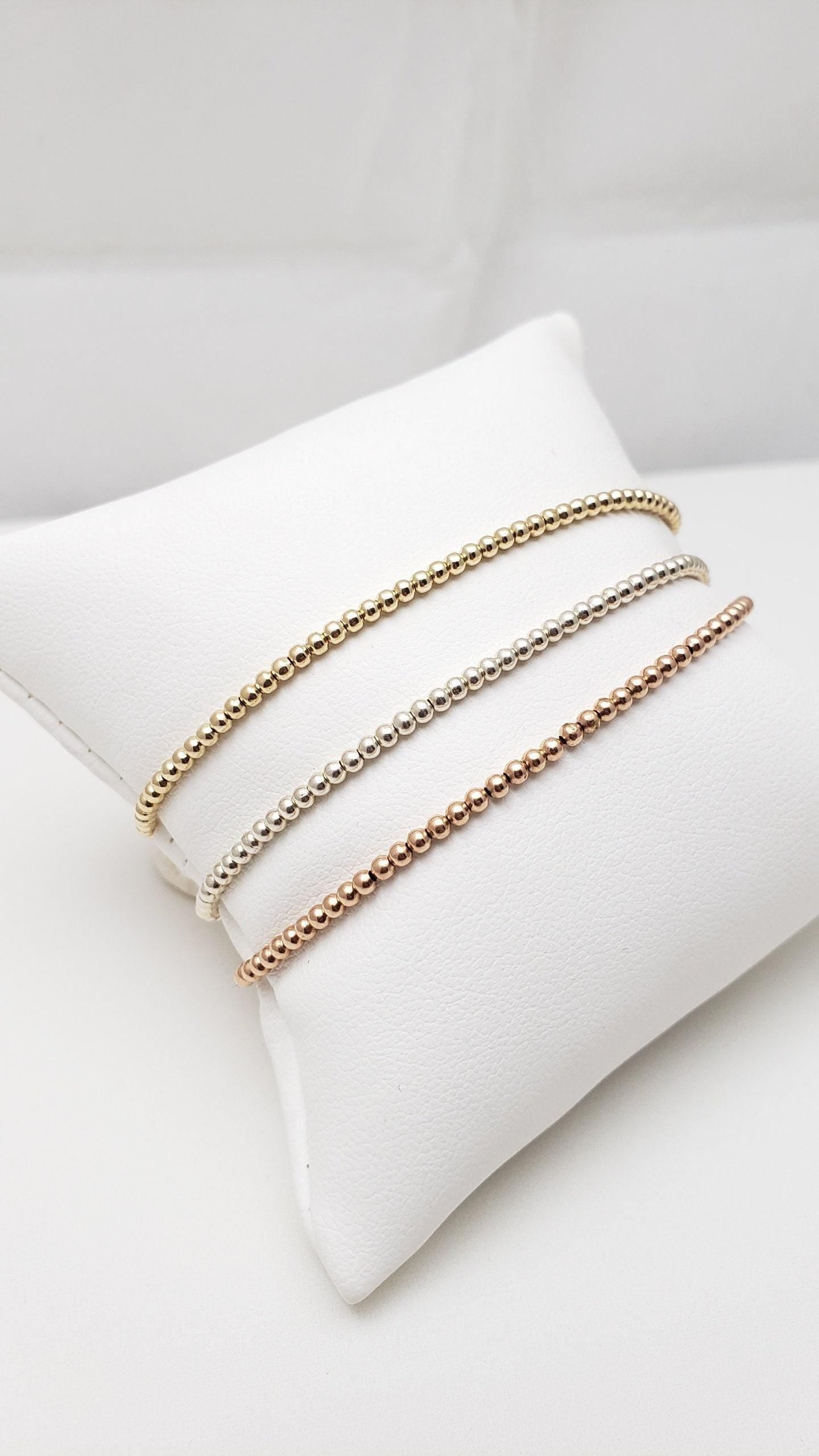 Gold Filled 2mm Beaded Bracelet - Boho Hippie Style - Stretchy Cord for Layering - Tarnish Free and Waterproof