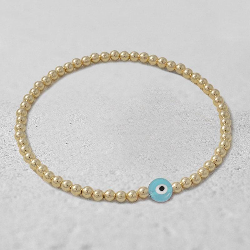 Gold Filled Evil Eye Bracelet, Stretch Beads (Adjustable Fit)