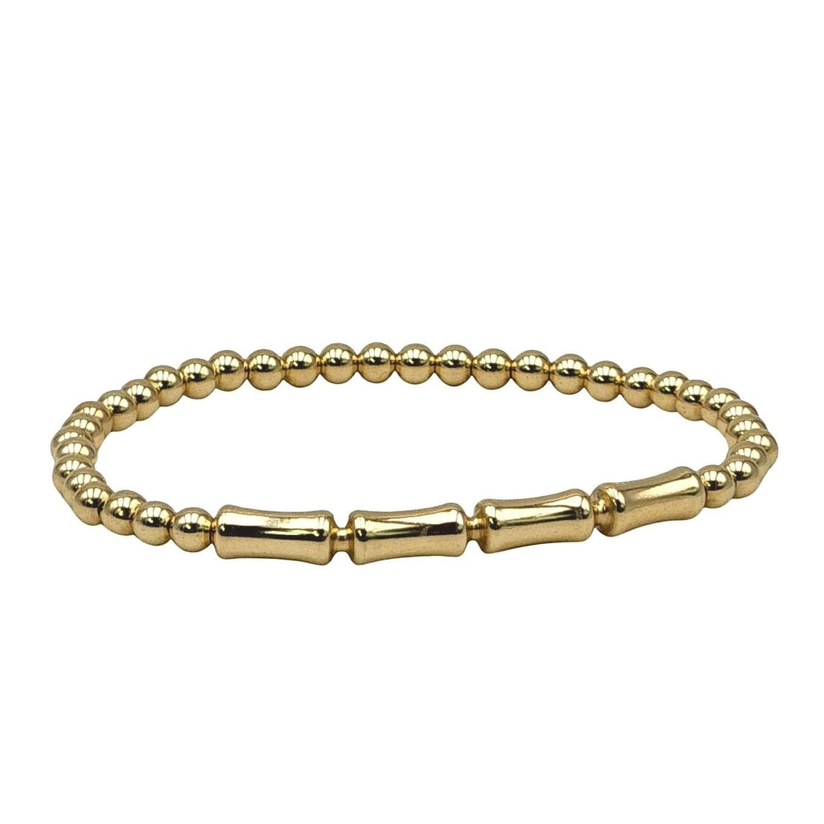 Isabella Celini gold-filled beaded stretch bracelet featuring a polished bamboo bar accent for a boho aesthetic.