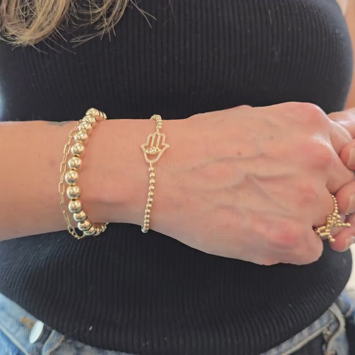 Gold Filled Hamsa Religious Bracelet with Cubic Zirconia Hand Pendant and Beaded Design