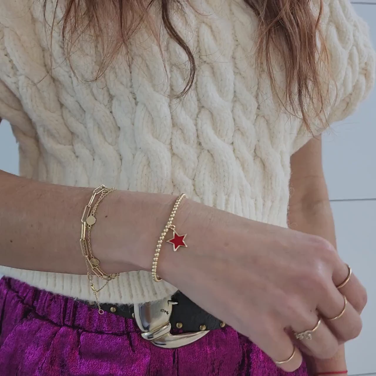 Gold Filled Celestial Charm Bracelet - Enamel Star Stretch Beaded Jewelry by Isabella Celini