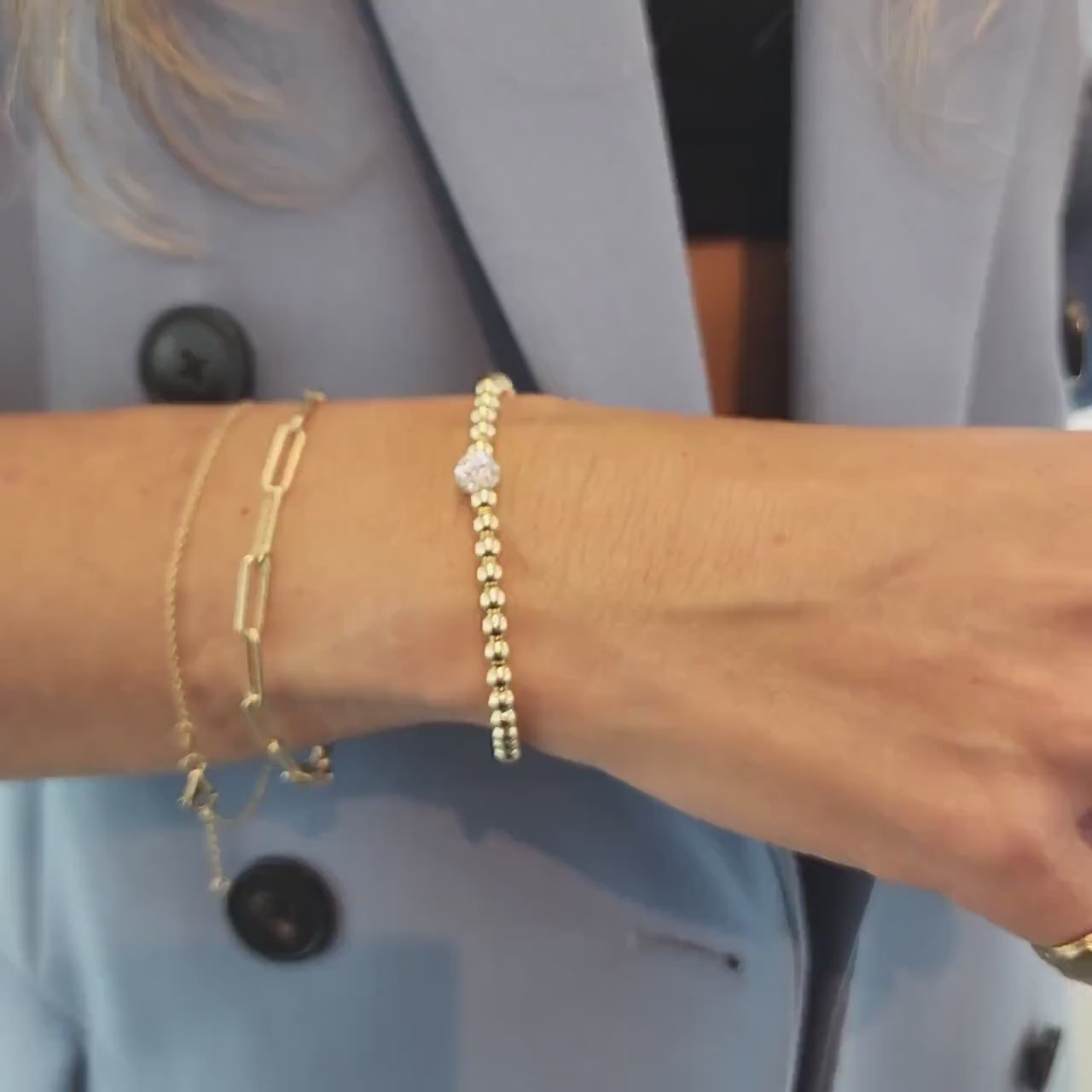 Gold Filled Bracelet – Cubic Zirconia Pave Ball, Stretchy Boho Chic