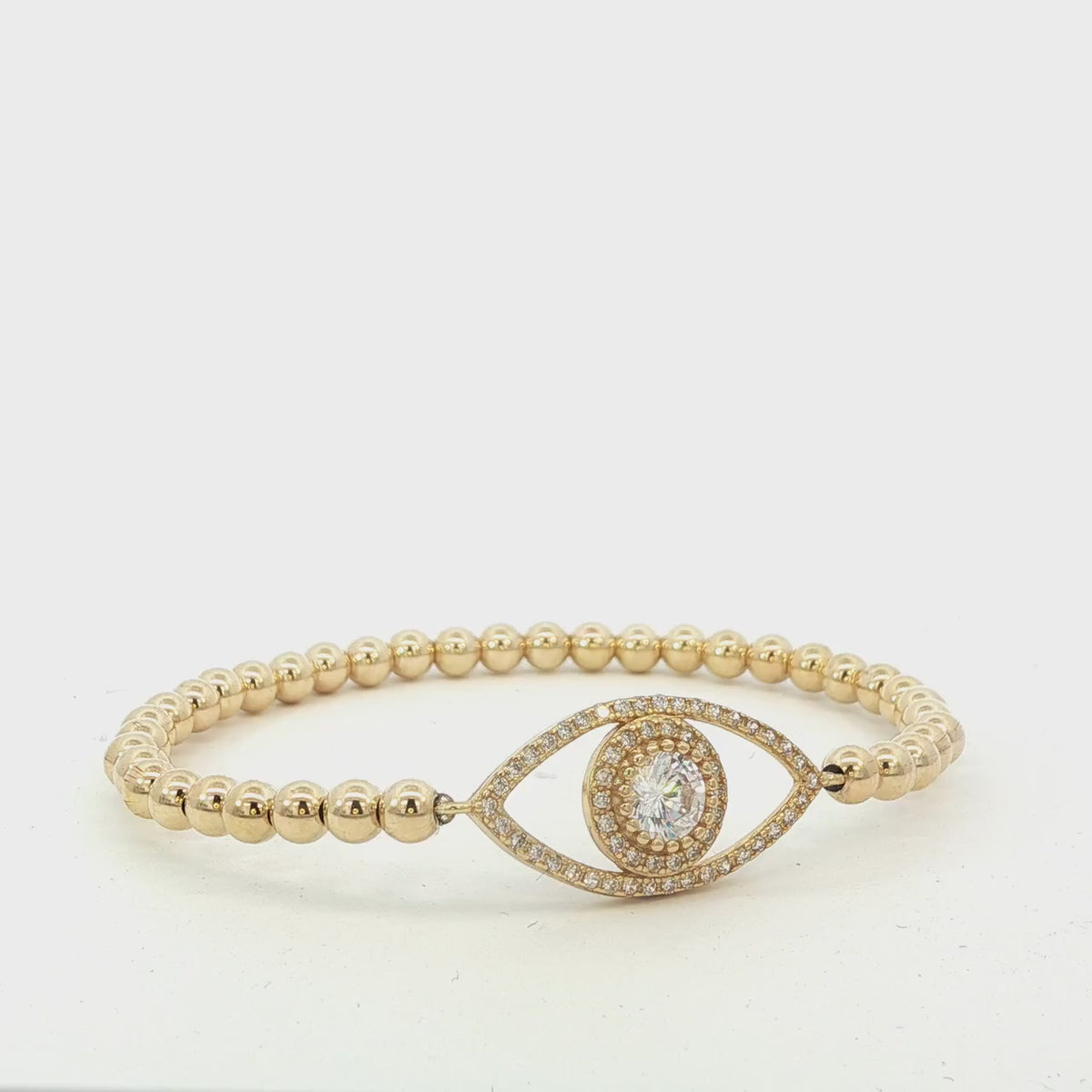 Gold Filled Bracelet: Beaded Stretch with CZ Eye Pendant - Tarnish Free Jewelry