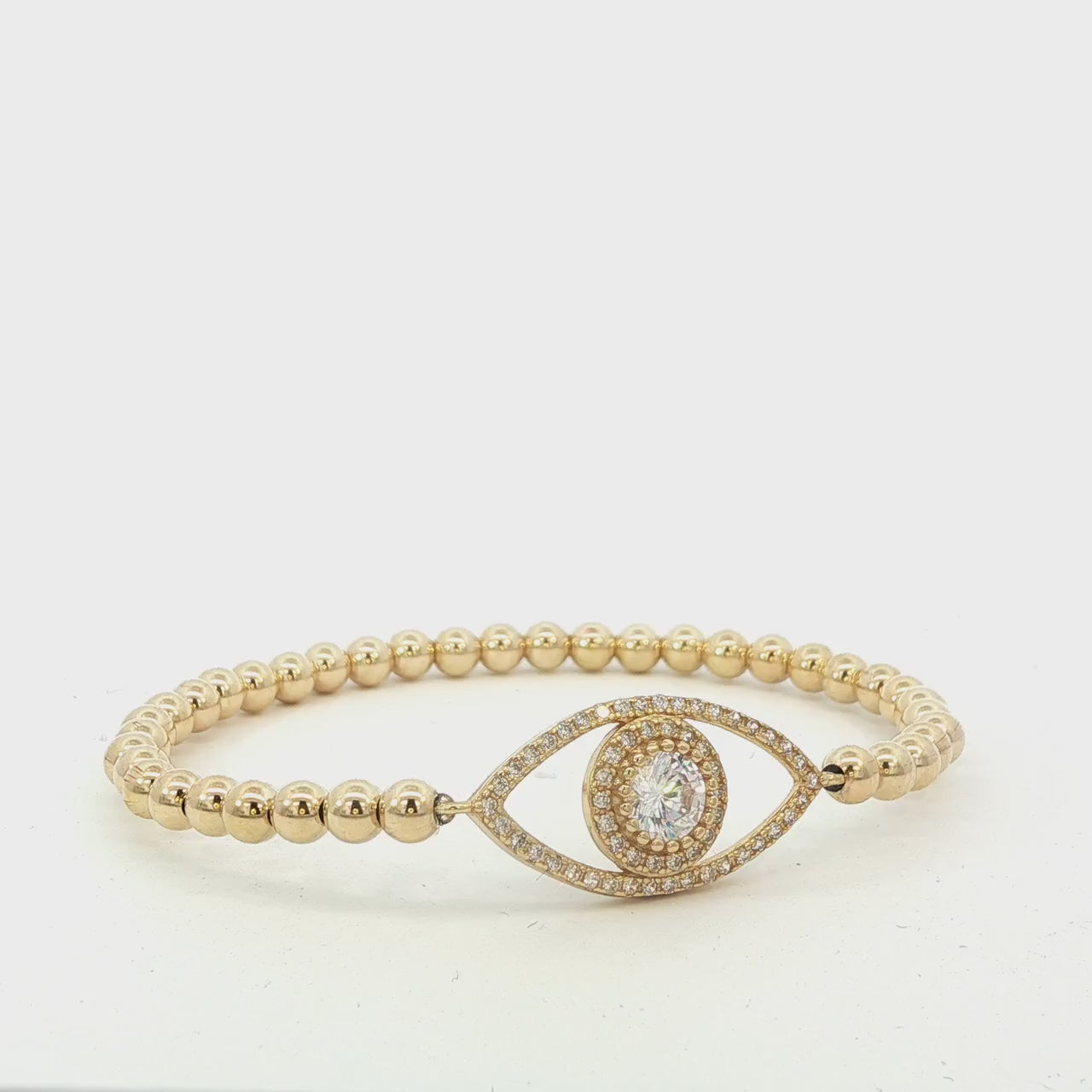 Gold Filled Bracelet: Beaded Stretch with CZ Eye Pendant - Tarnish Free Jewelry