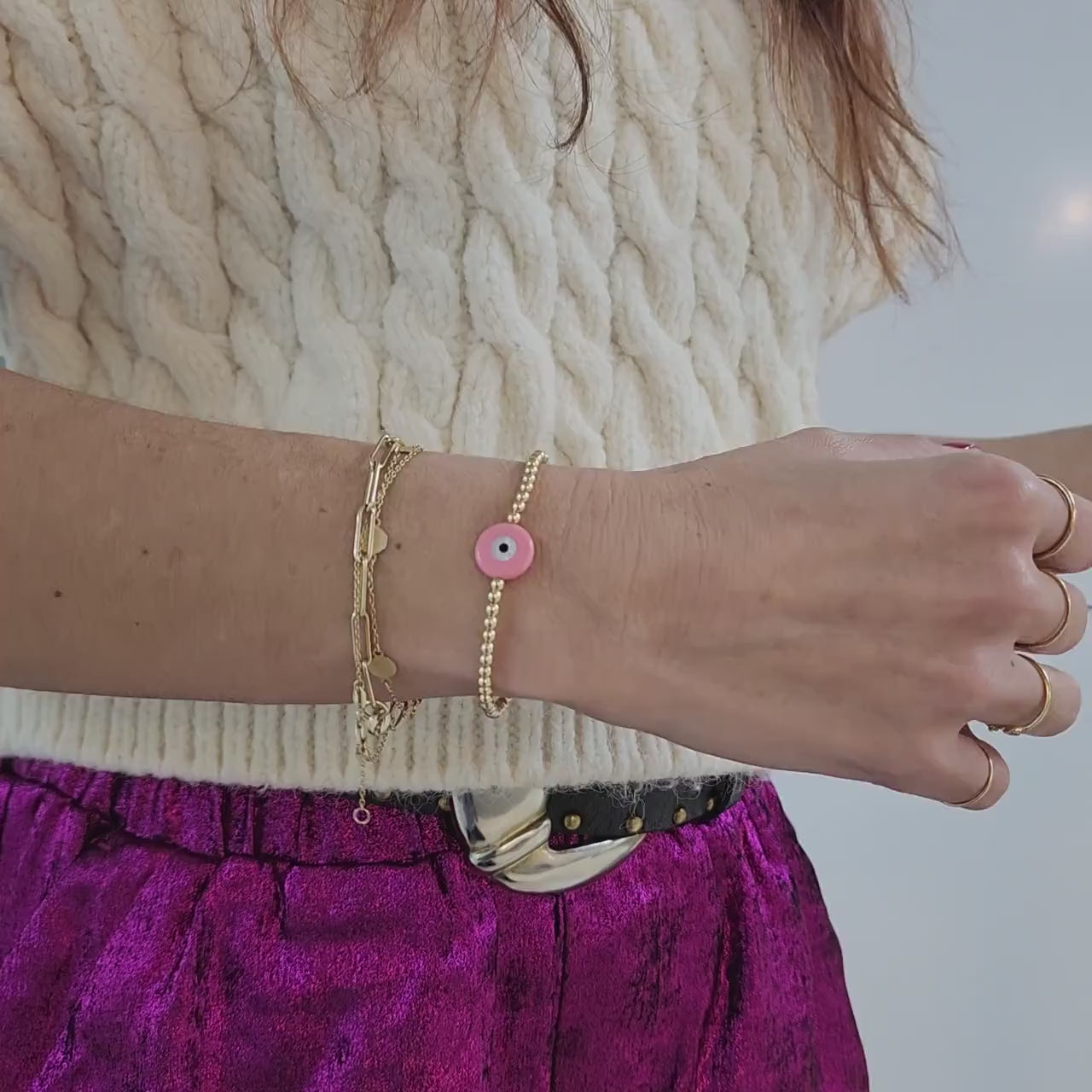 Isabella Celini Pink Evil Eye Bracelet - 14kt Gold Filled Protection for Good Luck and Spiritual Energy