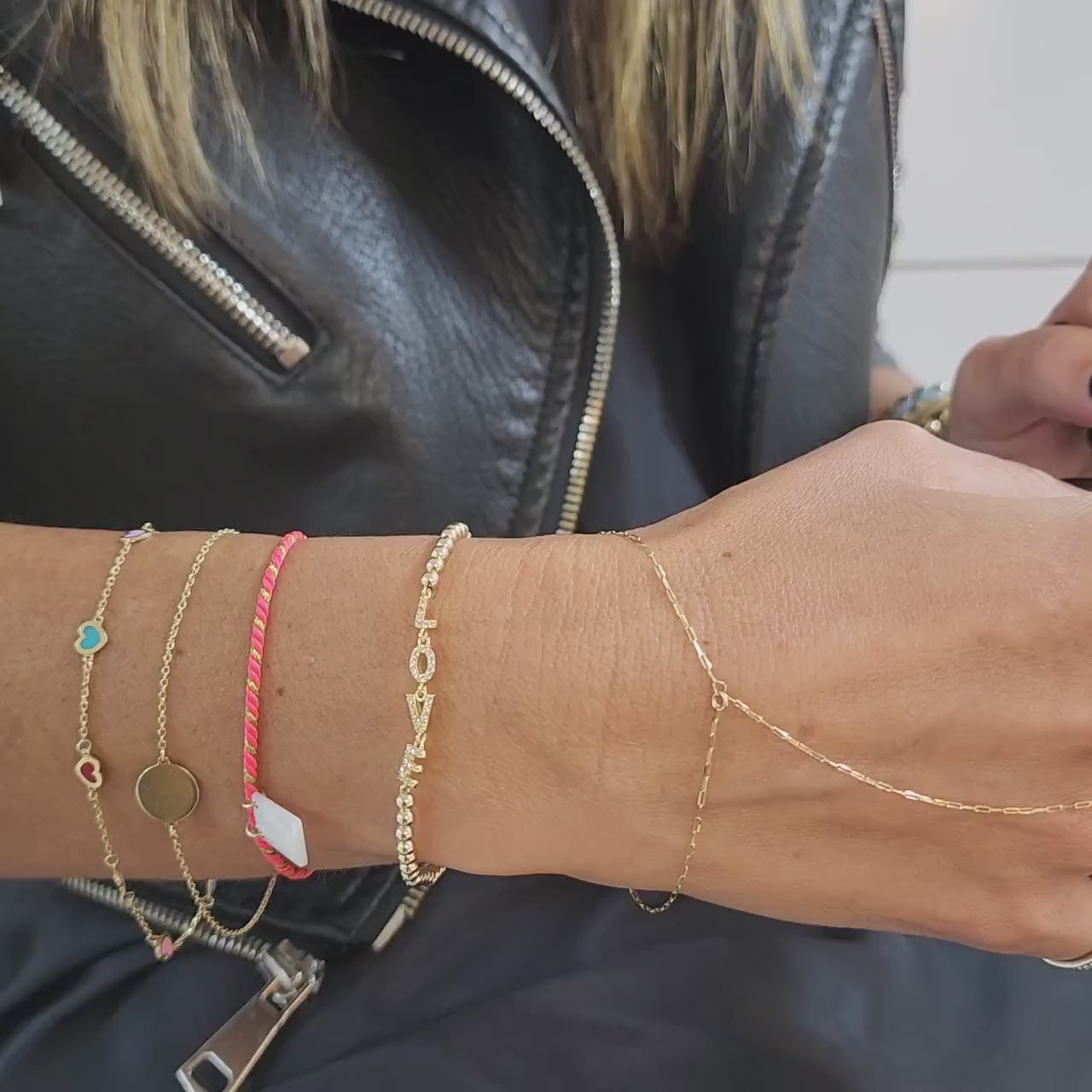 Stretch Gold Filled Love Bracelet with CZ Pendant - Dainty Womens Stacking Bracelet