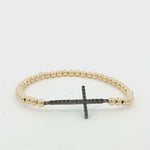 Gold Filled Beaded Bracelet: Stretchy, Tarnish-Free with Black CZ Cross Charm