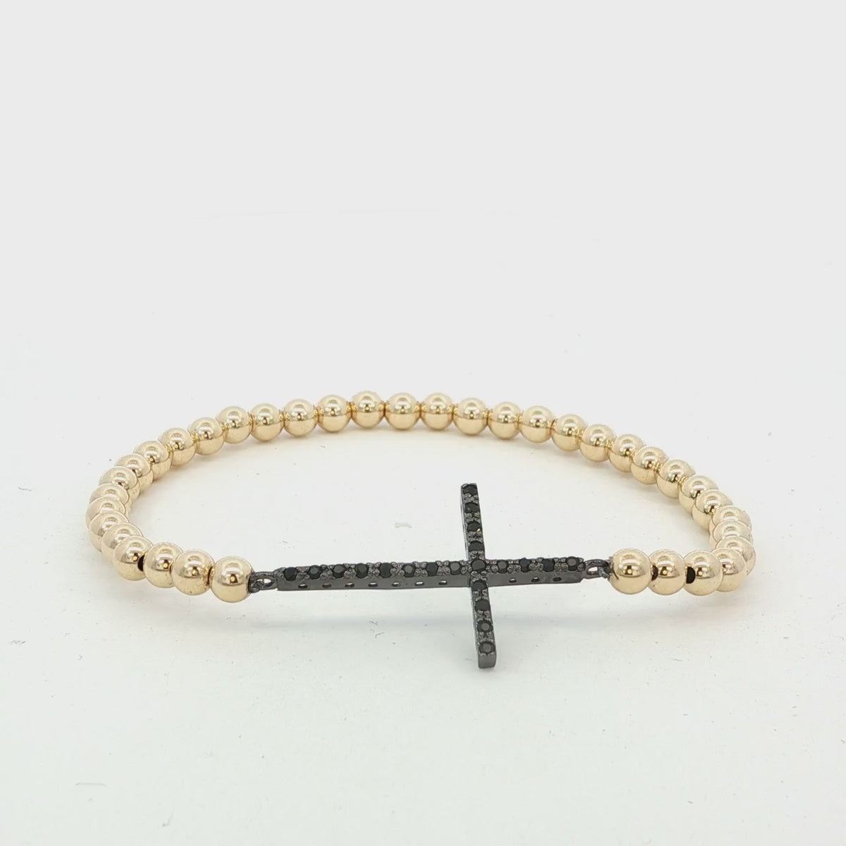 Gold Filled Beaded Bracelet: Stretchy, Tarnish-Free with Black CZ Cross Charm