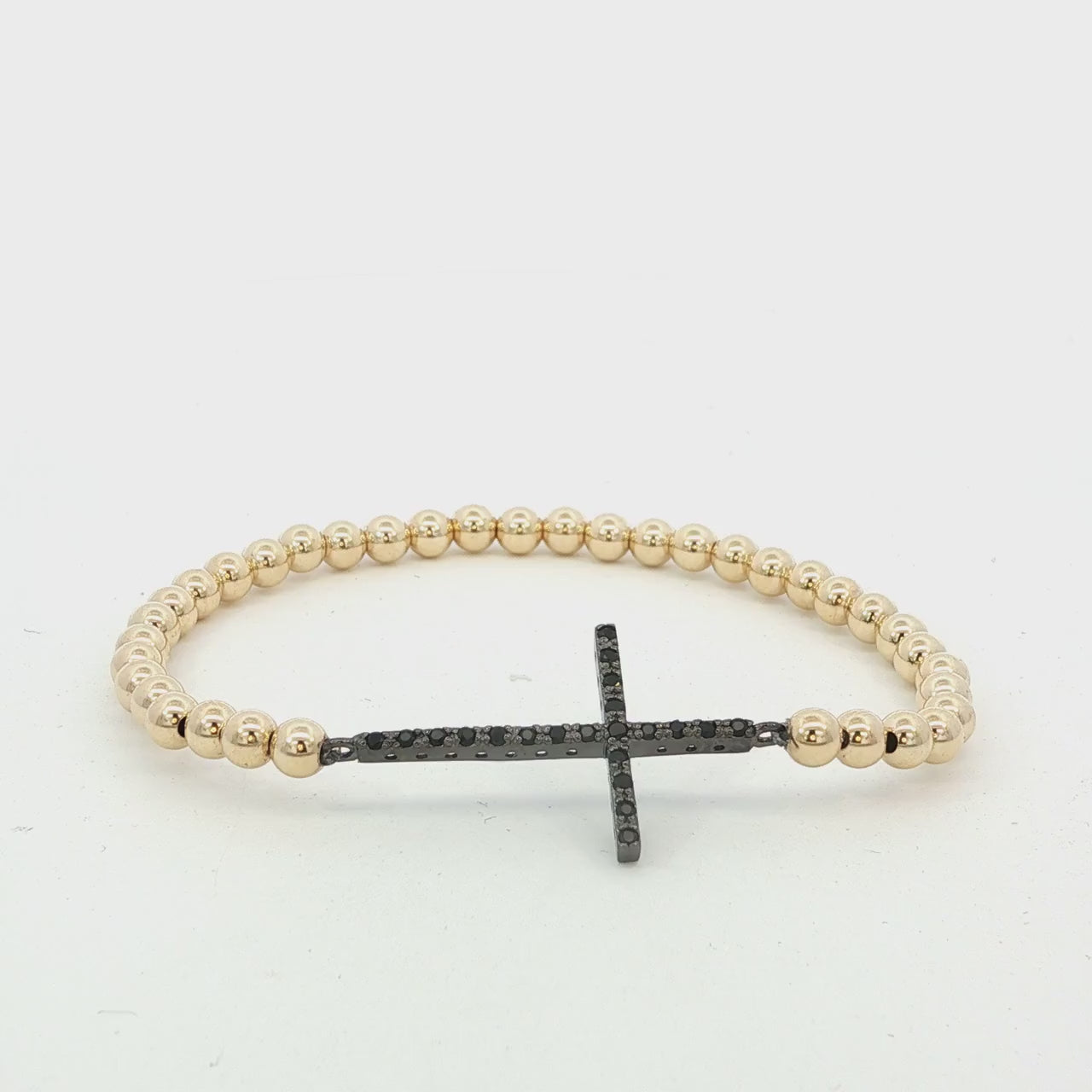 Gold Filled Beaded Bracelet: Stretchy, Tarnish-Free with Black CZ Cross Charm