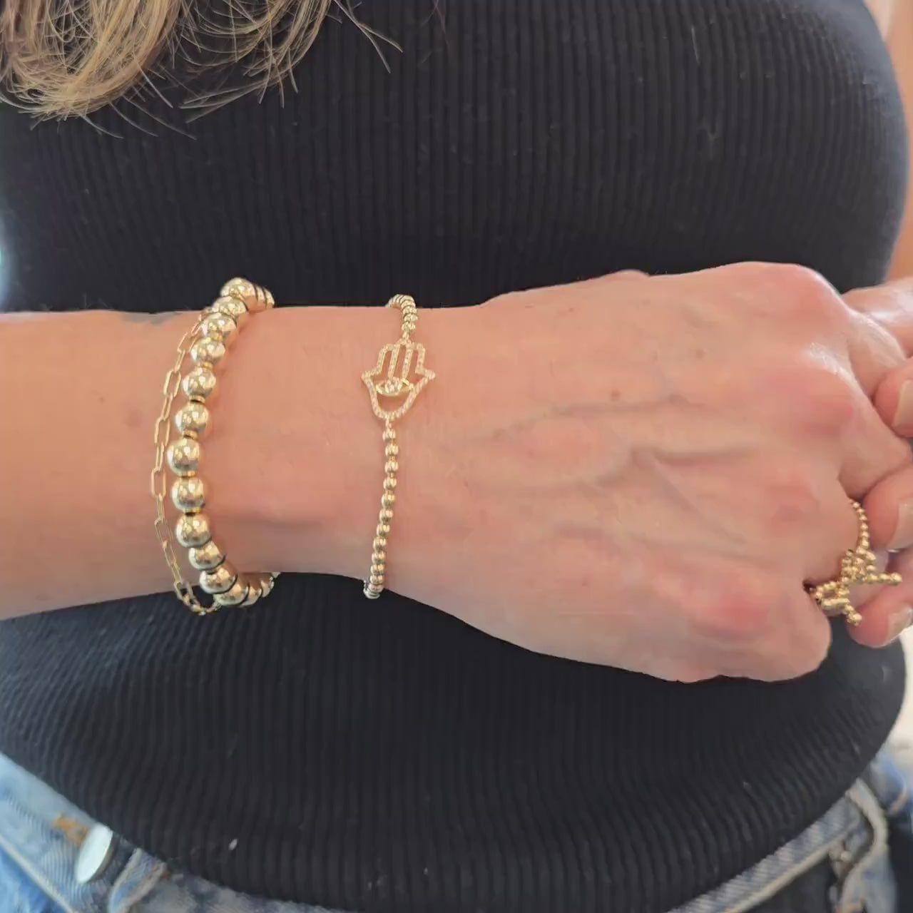 Gold Filled Hamsa Religious Bracelet with Cubic Zirconia Hand Pendant and Beaded Design