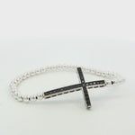 Sterling Silver Cross Stretch Bracelet (Black Gemstone Beads)