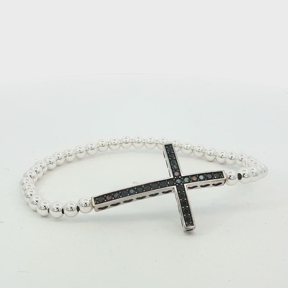 Sterling Silver Cross Stretch Bracelet (Black Gemstone Beads)